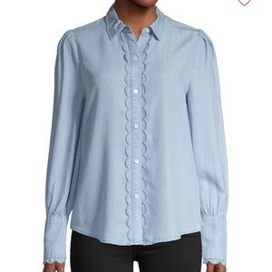 Frame denim scallop hem long sleeve button…